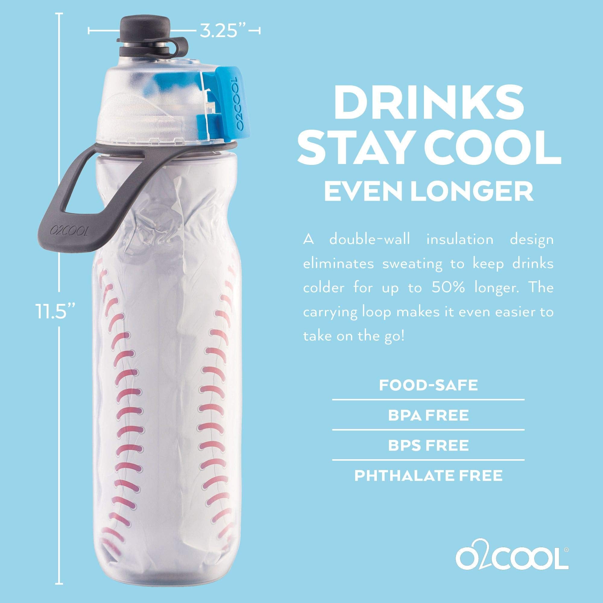 O2COOL Mist 'N Sip Misting Water Bottle 2-in-1 Function With No Leak Pull Top Spout Sports Reusable Water Bottle - 20 oz (2 Pack Baseball)